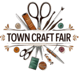 Town Craft Fair logo featuring scissors, paint brushes, sewing needles, buttons, and yarn in earth tones